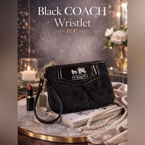 Coach Black Signature Canvas Wristlet with Leather Trim